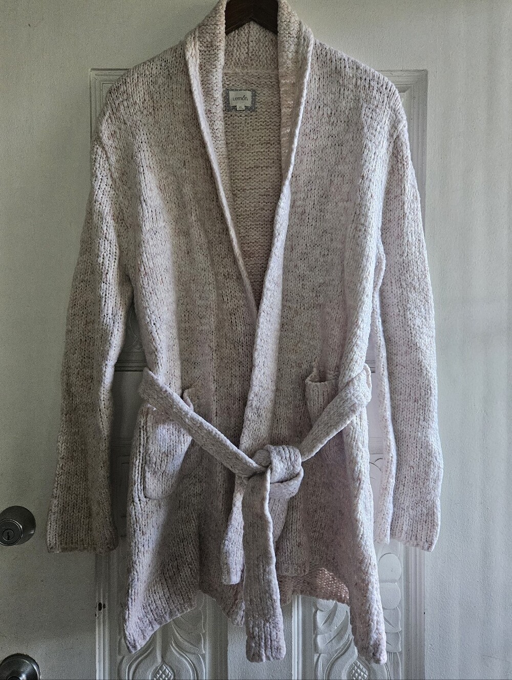 Lemon Belted Shawl Collar Cardigan Sweater - Cream M/L